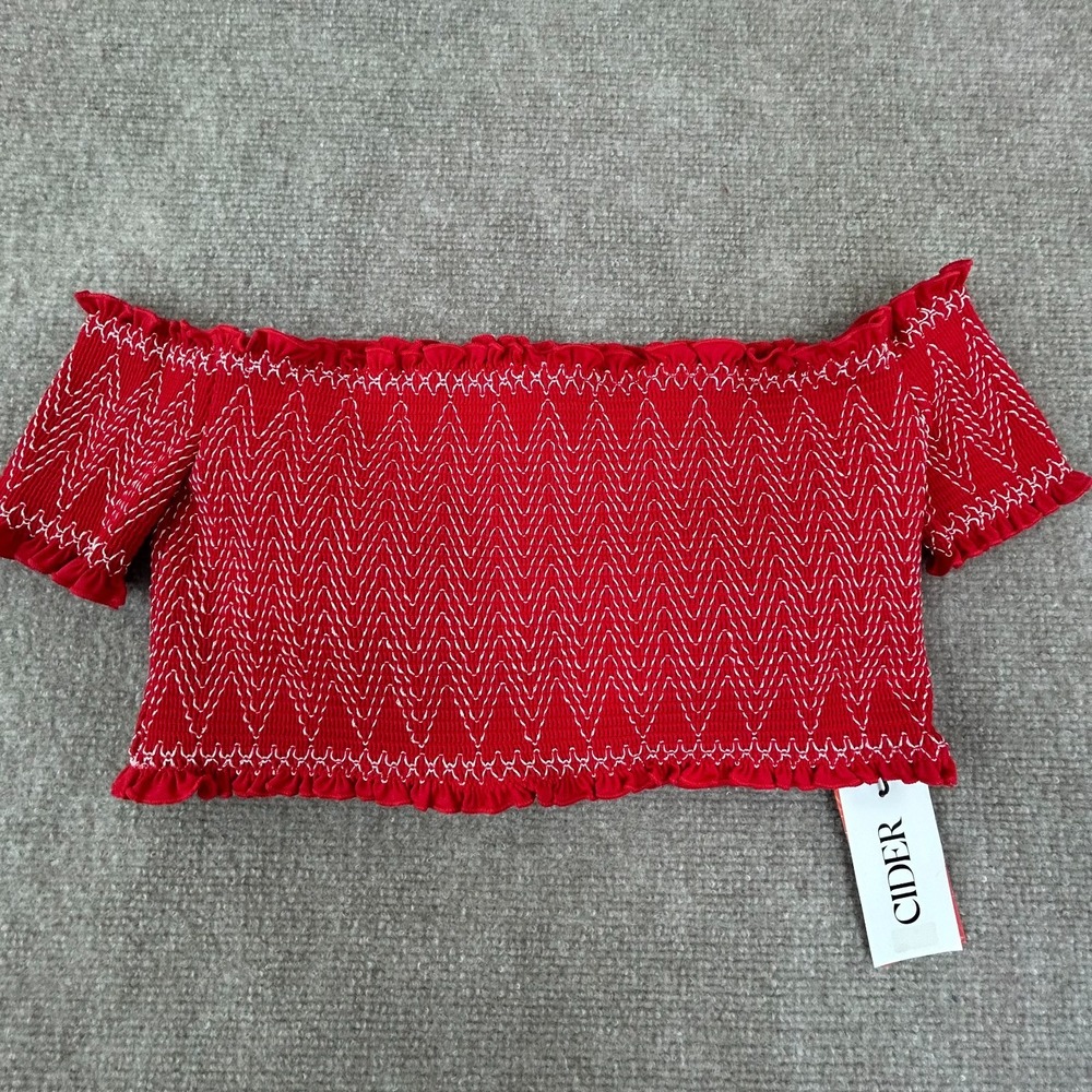 Cider Bikini Top Womens L Red Chevron Smocked‎ Stretch Ruffle Trim Off Shoulder